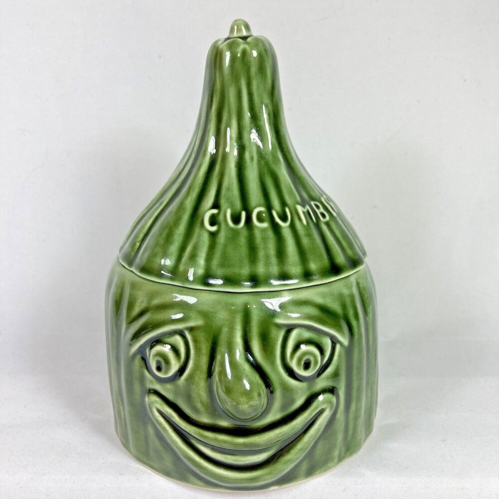 Sylvac 4565 Anthropomorphic Pottery Ceramic Green Cucumber Face with Lid Vtg